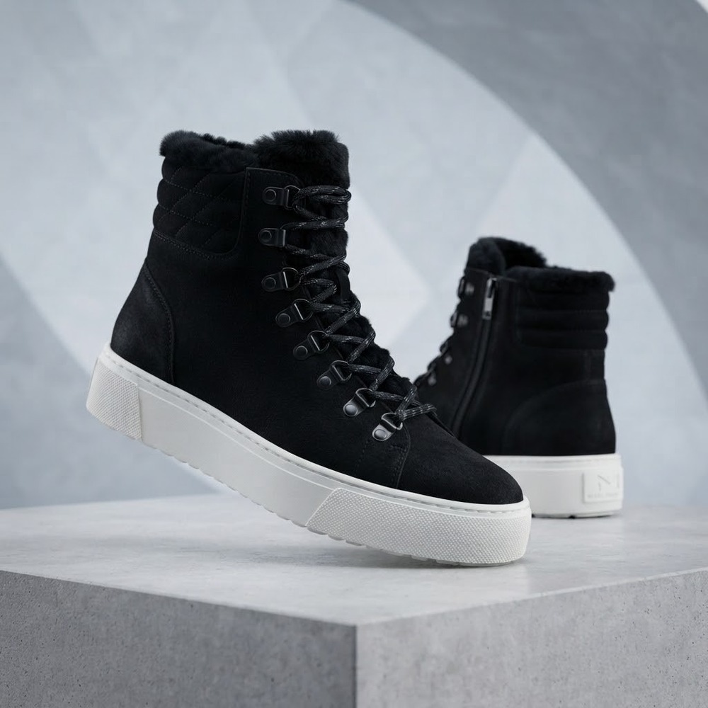 Marc Fisher LTD MLDAISIE Black Leather Faux Fur High Top Sneaker Boots Womens 11